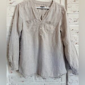 Talbots Petite 100% Linen Button Front Top Neutral Beige Roll Tab Sleeve SP